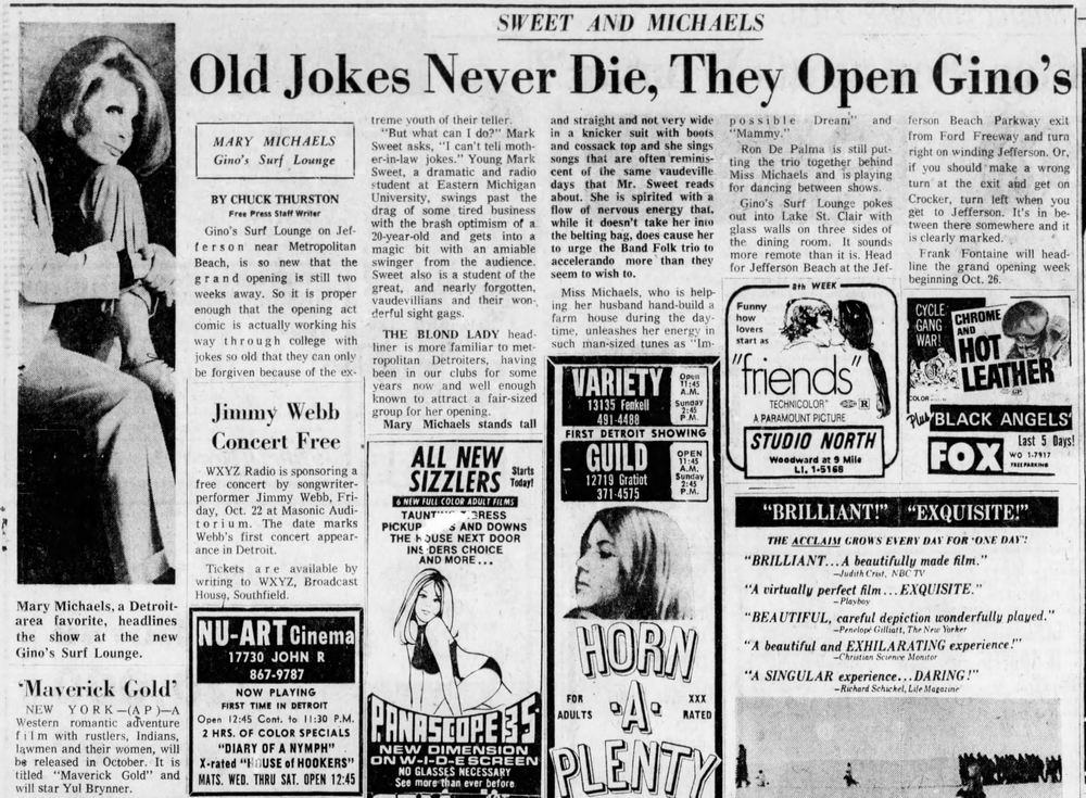 Ginos Surf (Luna Kai Tiki Bar) - Oct 15 1971 Article On Mary Michaels